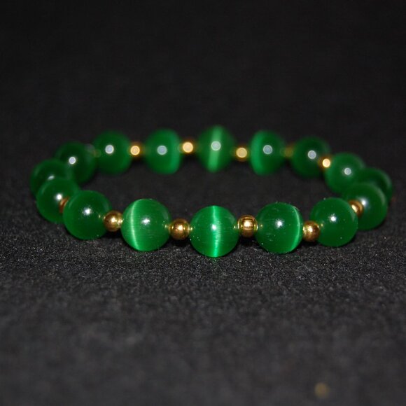 Green Cat Eye Bracelet,Green Bracelet,10mm Green Cat Beaded Bracelet,Special,Lov - Picture 2 of 4